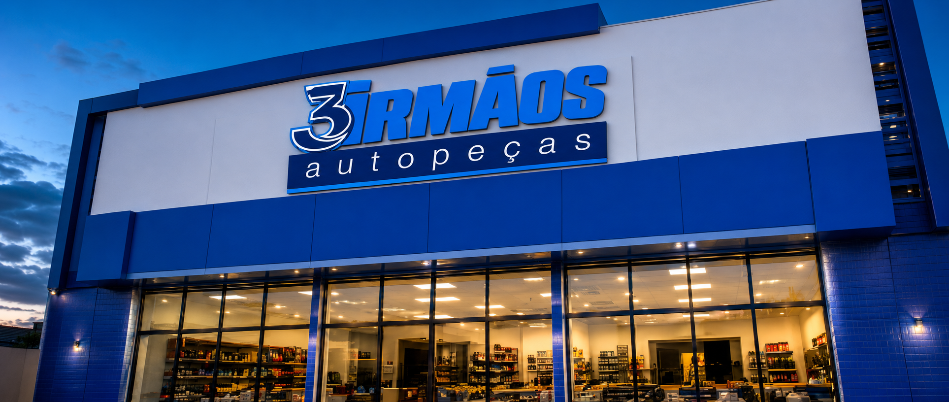 Fachada da Auto Pecas Tres Irmaos com logo instalada no mural